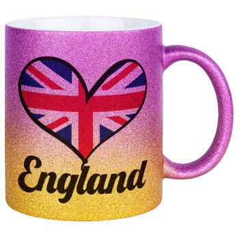 England flag, Κούπα Χρυσή/Ροζ Glitter, κεραμική, 330ml