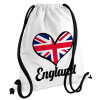 England flag, Τσάντα πλάτης πουγκί GYMBAG λευκή, με τσέπη (40x48cm) & χονδρά κορδόνια
