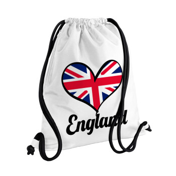England flag, Τσάντα πλάτης πουγκί GYMBAG λευκή, με τσέπη (40x48cm) & χονδρά κορδόνια