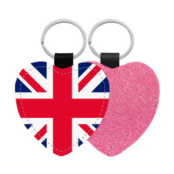 England flag, Μπρελόκ PU δερμάτινο glitter καρδιά ΡΟΖ