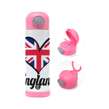 England flag, Children's hot water bottle, stainless steel, with safety straw, PINK (500ml)