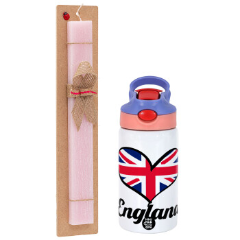 England flag, Πασχαλινό Σετ, Παιδικό παγούρι θερμό, ανοξείδωτο, με καλαμάκι ασφαλείας, ροζ/μωβ (350ml) & πασχαλινή λαμπάδα αρωματική πλακέ (30cm) (ΡΟΖ)