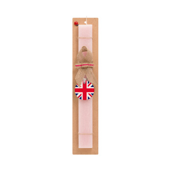 England flag, Πασχαλινό Σετ, ξύλινο μπρελόκ & πασχαλινή λαμπάδα αρωματική πλακέ (30cm) (ΡΟΖ)