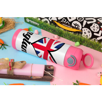 England flag, Πασχαλινή Λαμπάδα με Παιδικό παγούρι θερμό, ανοξείδωτο, με καλαμάκι ασφαλείας, ΡΟΖ (500ml)