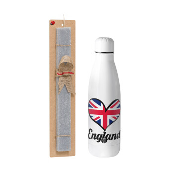England flag, Easter Set, metallic stainless thermos bottle (500ml) & scented flat Easter candle (30cm) (GRAY)