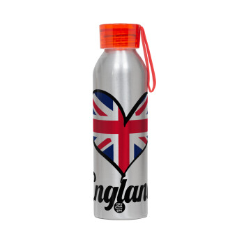 England flag, Αλουμινένιο Αθλητικό Μπουκάλι 650ml – Ασημί με Κόκκινο Καπάκι και Λουράκι Σιλικόνης