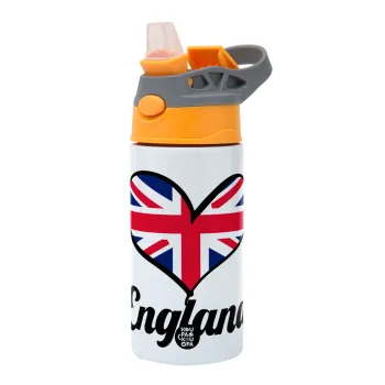 England flag, Children's hot water bottle, stainless steel, with safety straw, Orange/Grey (360ml) BPA-FREE