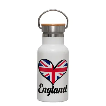 England flag, Metallic thermos (Stainless steel) White with wooden lid (bamboo), double-walled, 350ml