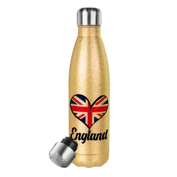England flag, Μεταλλικό παγούρι θερμός Glitter χρυσό (Stainless steel), διπλού τοιχώματος, 500ml