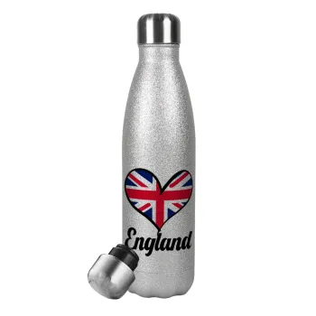 England flag, Μεταλλικό παγούρι θερμός Glitter Aσημένιο (Stainless steel), διπλού τοιχώματος, 500ml