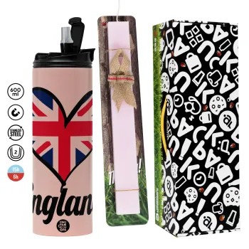 England flag, Πασχαλινή Λαμπάδα με  ΡΟΖ Travel Tumbler θερμό (600ml, BPA free) & κερί αρωματικό πλακέ (30cm) (ΡΟΖ)