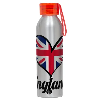 England flag, Αλουμινένιο Αθλητικό Μπουκάλι 650ml – Ασημί με Κόκκινο Καπάκι και Λουράκι Σιλικόνης