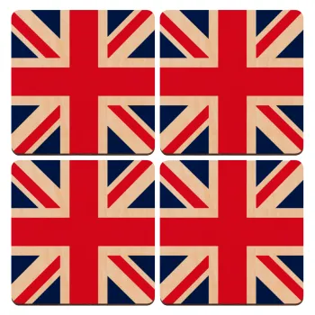 England flag, ΣΕΤ x4 Σουβέρ ξύλινα τετράγωνα plywood (9cm)