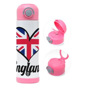England flag, Παιδικό παγούρι θερμό, ανοξείδωτο, με καλαμάκι ασφαλείας, ΡΟΖ (500ml)