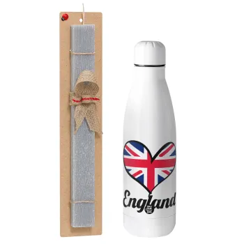 England flag, Easter Set, metallic stainless thermos bottle (500ml) & scented flat Easter candle (30cm) (GRAY)