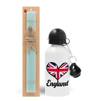 England flag, Easter Set, metallic aluminum water bottle (500ml) & scented flat candle (30cm) (TURQUOISE)