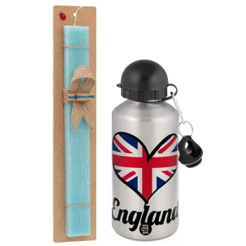 England flag, Easter Set, metallic silver aluminum water bottle (500ml) & scented flat Easter candle (30cm) (TURQUOISE)