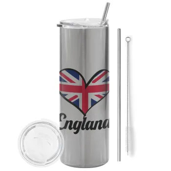 England flag, Tumbler ποτήρι θερμό Ασημένιο από ανοξείδωτο ατσάλι 600ml, με μεταλλικό καλαμάκι & βούρτσα καθαρισμού