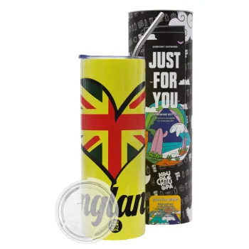 England flag, Neon Yellow Travel Tumbler θερμό, μεταλλικό καλαμάκι(Ανωξείδωτο 304 Food grade, BPA free, 600ml)