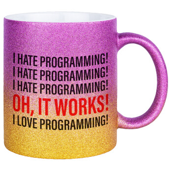 I hate programming!!!, Κούπα Χρυσή/Ροζ Glitter, κεραμική, 330ml