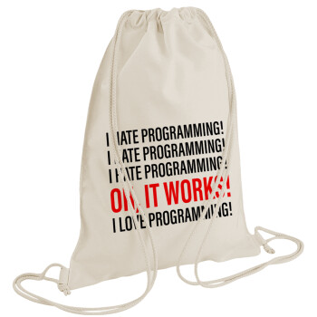 I hate programming!!!, Τσάντα πλάτης πουγκί GYMBAG natural (28x40cm)