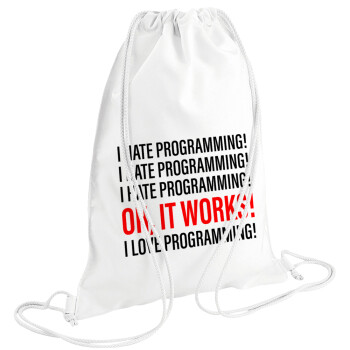 I hate programming!!!, Τσάντα πλάτης πουγκί GYMBAG λευκή (28x40cm)