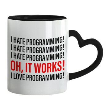 I hate programming!!!, Κούπα καρδιά χερούλι μαύρη, κεραμική, 330ml