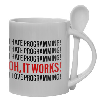 I hate programming!!!, Ceramic coffee mug with Spoon, 330ml (1pcs)