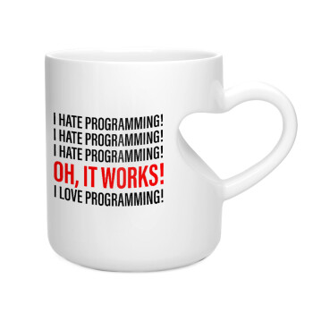 I hate programming!!!, Κούπα καρδιά λευκή, κεραμική, 330ml