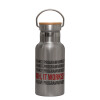 Stainless steel metallic thermos flask, silver with a bamboo lid, double-walled, 350ml.