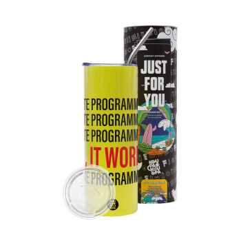 I hate programming!!!, Neon Yellow Travel Tumbler θερμό, μεταλλικό καλαμάκι(Ανωξείδωτο 304 Food grade, BPA free, 600ml)