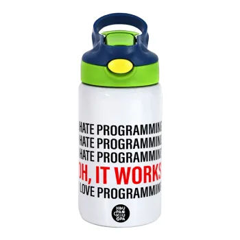 I hate programming!!!, Children's hot water bottle, stainless steel, with safety straw, green, blue (350ml)