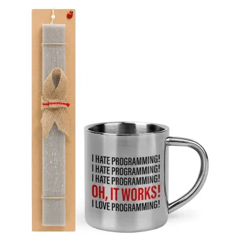 I hate programming!!!, Easter Set, metallic thermal cup (300ml) & Easter aromatic flat candle (30cm) (GRAY)