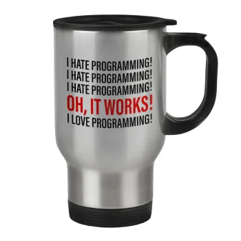 I hate programming!!!, Stainless steel travel mug with lid, double wall 450ml