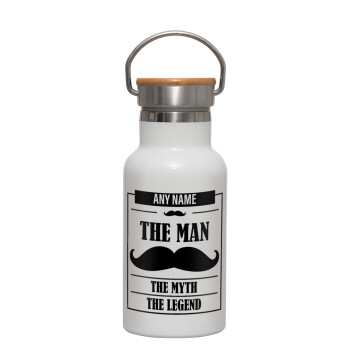 The man, the myth, Metallic thermos (Stainless steel) White with wooden lid (bamboo), double-walled, 350ml