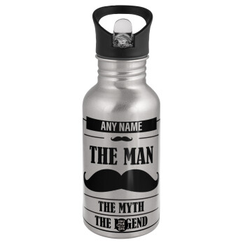 The man, the myth, Water bottle Silver with straw, stainless steel 500ml