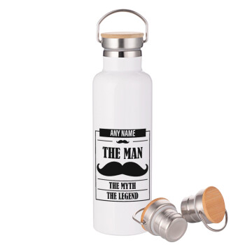 The man, the myth, Stainless steel White with wooden lid (bamboo), double wall, 750ml