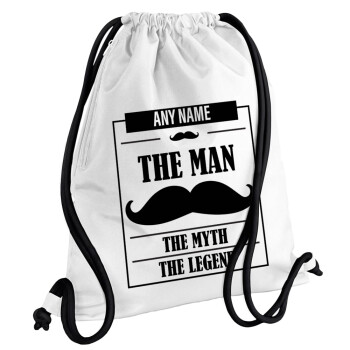 The man, the myth, Τσάντα πλάτης πουγκί GYMBAG λευκή, με τσέπη (40x48cm) & χονδρά κορδόνια