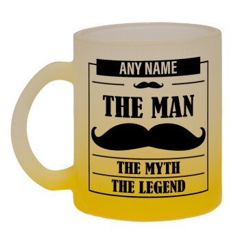 The man, the myth, Κούπα γυάλινη δίχρωμη με βάση το κίτρινο ματ, 330ml