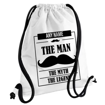 The man, the myth, Τσάντα πλάτης πουγκί GYMBAG λευκή, με τσέπη (40x48cm) & χονδρά κορδόνια