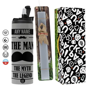 The man, the myth, Πασχαλινή Λαμπάδα με Travel Tumbler θερμό (600ml, BPA free) & κερί αρωματικό πλακέ (30cm) (ΓΚΡΙ)