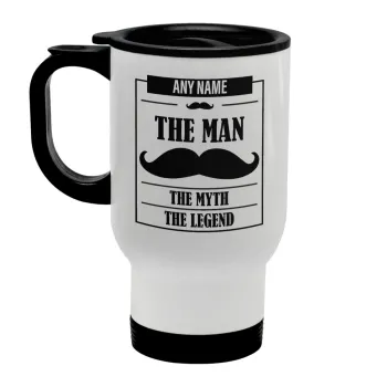 The man, the myth, Stainless steel travel mug with lid, double wall white 450ml