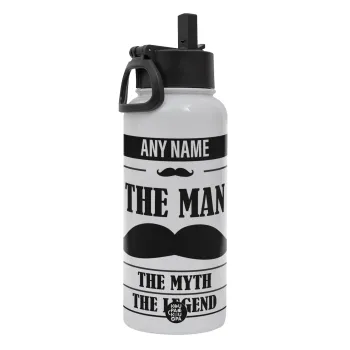 The man, the myth, Metal mug thermo White with Straw and Spout Lid (Stainless steel), double wall, 950ml