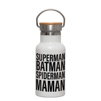 MAMAN, Μεταλλικό παγούρι θερμός (Stainless steel) Λευκό με ξύλινο καπακι (bamboo), διπλού τοιχώματος, 350ml