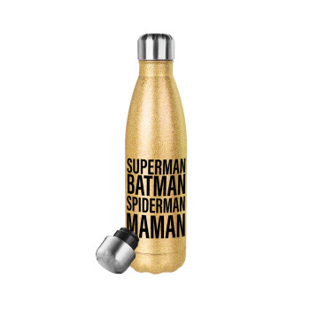 MAMAN, Μεταλλικό παγούρι θερμός Glitter χρυσό (Stainless steel), διπλού τοιχώματος, 500ml