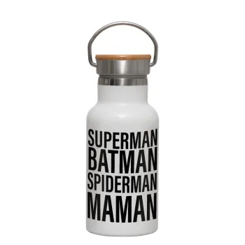 MAMAN, Μεταλλικό παγούρι θερμός (Stainless steel) Λευκό με ξύλινο καπακι (bamboo), διπλού τοιχώματος, 350ml