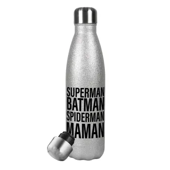 MAMAN, Metallic Glitter Silver Thermos Flask (Stainless steel), double-walled, 500ml