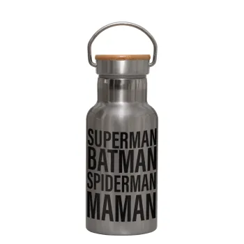 MAMAN, Μεταλλικό παγούρι θερμός (Stainless steel) Ασημένιο με ξύλινο καπακι (bamboo), διπλού τοιχώματος, 350ml