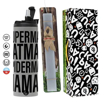 MAMAN, Πασχαλινή Λαμπάδα με Travel Tumbler θερμό (600ml, BPA free) & κερί αρωματικό πλακέ (30cm) (ΓΚΡΙ)
