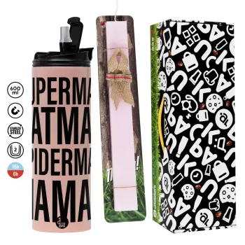 MAMAN, Πασχαλινή Λαμπάδα με  ΡΟΖ Travel Tumbler θερμό (600ml, BPA free) & κερί αρωματικό πλακέ (30cm) (ΡΟΖ)